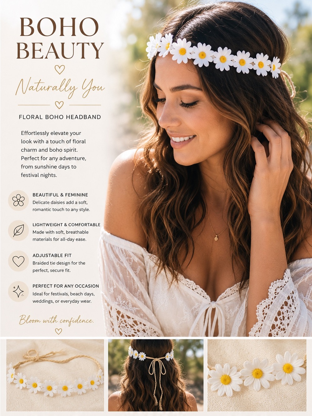Boho Daisy Flower Crown Headband - White & Yellow